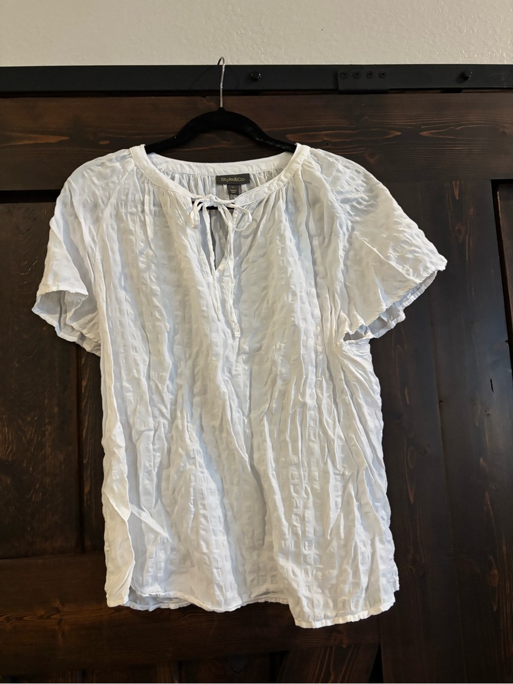 Style & Co. White Textured Tie-Neck Short Flutter Sleeve Blouse XL
